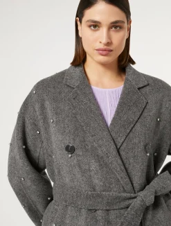 Best Marina Rinaldi Double-faced wool coat with embroidered details WHITEBLACK