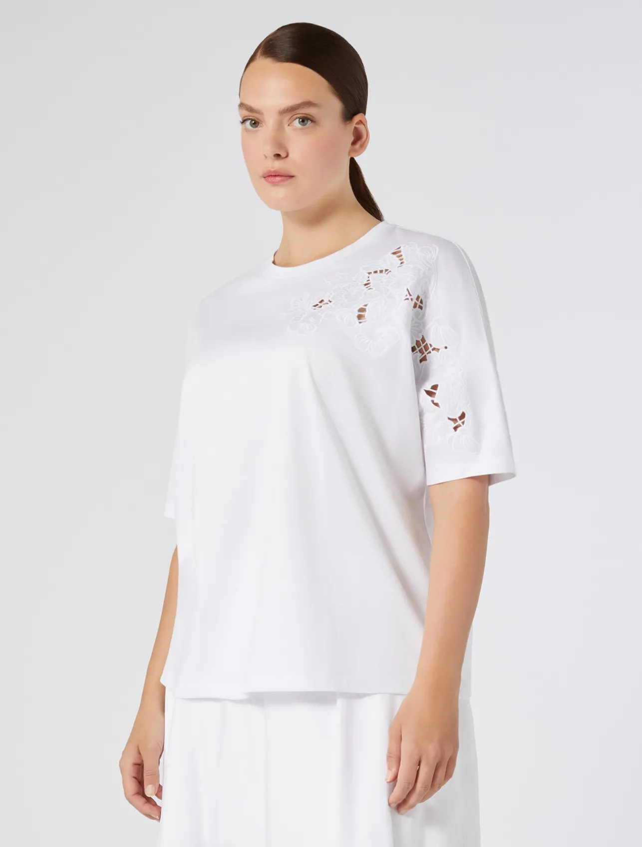Fashion Marina Rinaldi Embroidered jersey T-shirt OPTICALWHITE