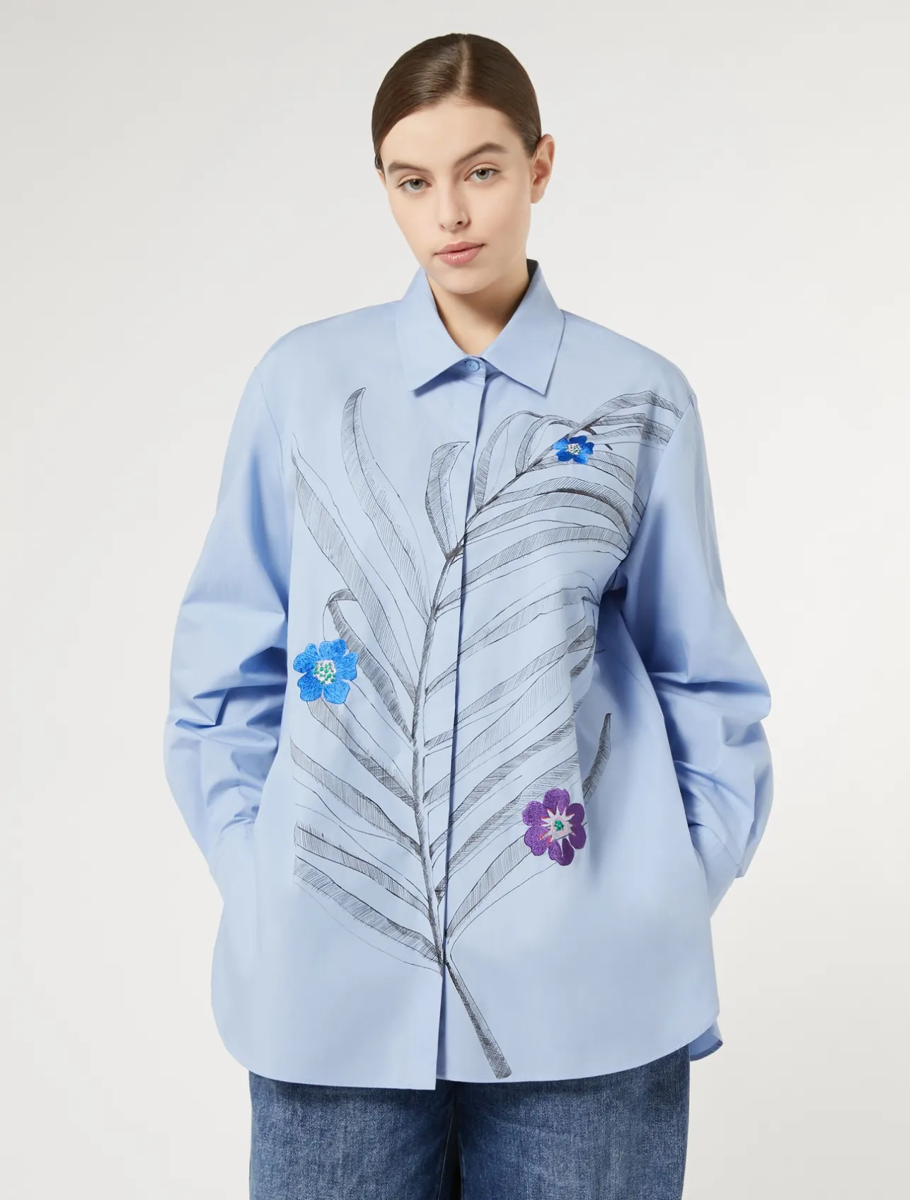 Online Marina Rinaldi Embroidered poplin shirt SKYBLUE