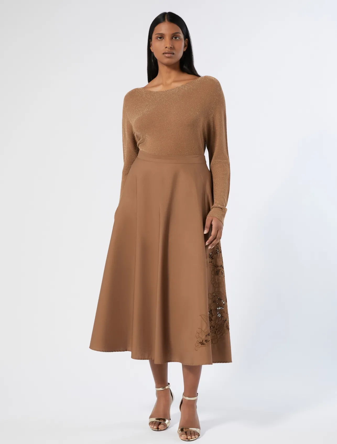 Sale Marina Rinaldi Embroidered poplin skirt HAZELNUTBROWN