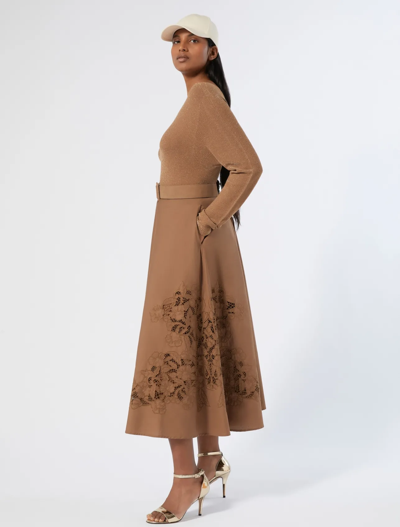 Sale Marina Rinaldi Embroidered poplin skirt HAZELNUTBROWN