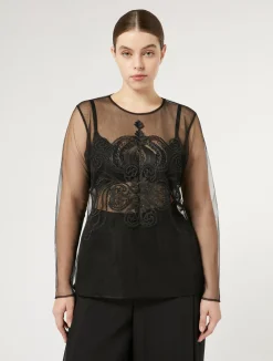Best Marina Rinaldi Embroidered tulle T-shirt BLACK