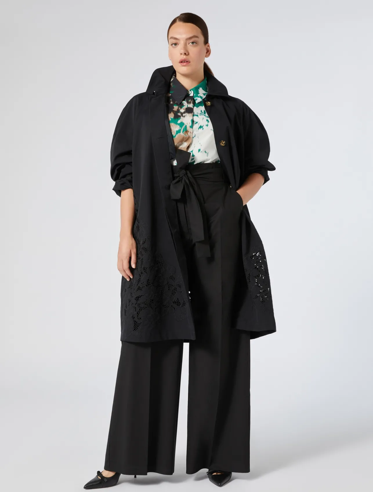 Online Marina Rinaldi Embroidered water-repellent twill raincoat BLACK