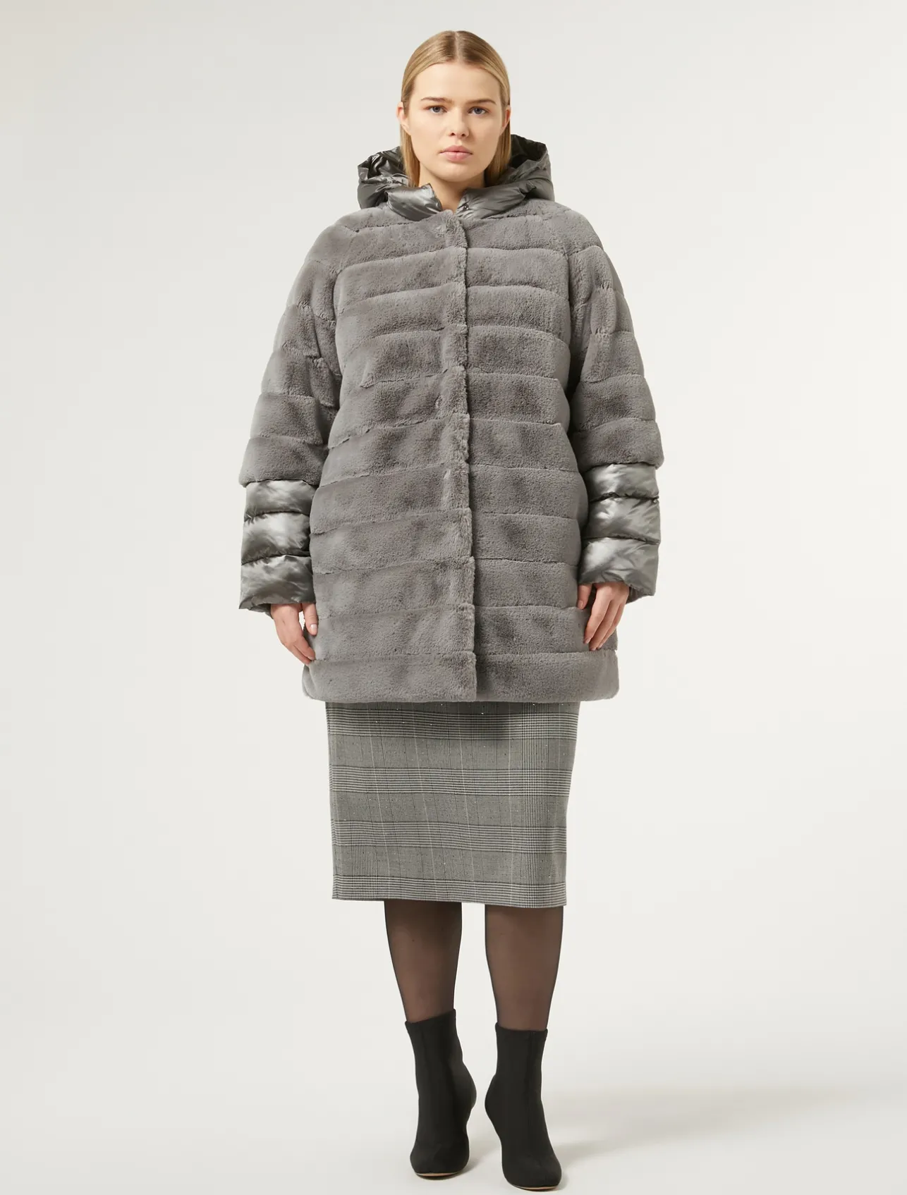 Online Marina Rinaldi Jacket in fur-effect fabric and nylon canvas MEDIUMGREY