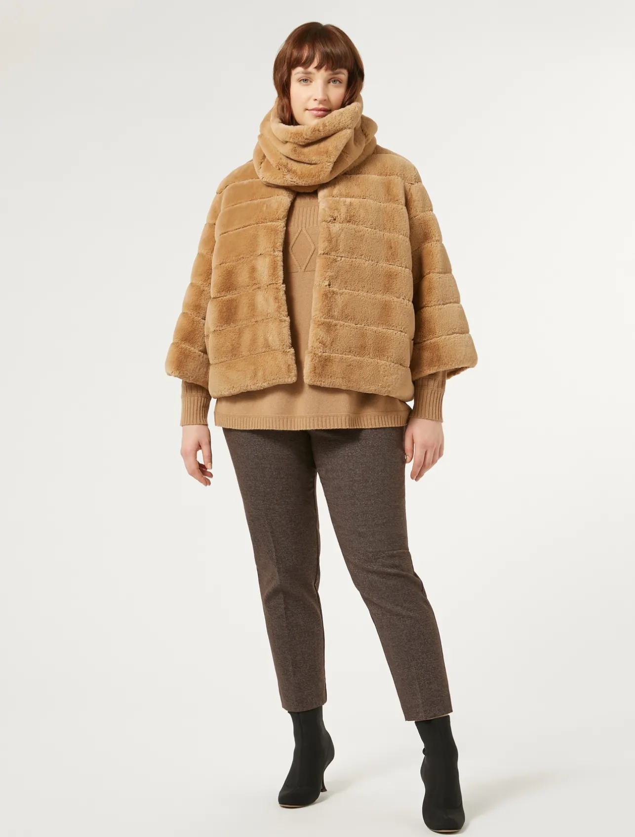 Online Marina Rinaldi Jacket in fur-effect fabric and nylon canvas CAMEL