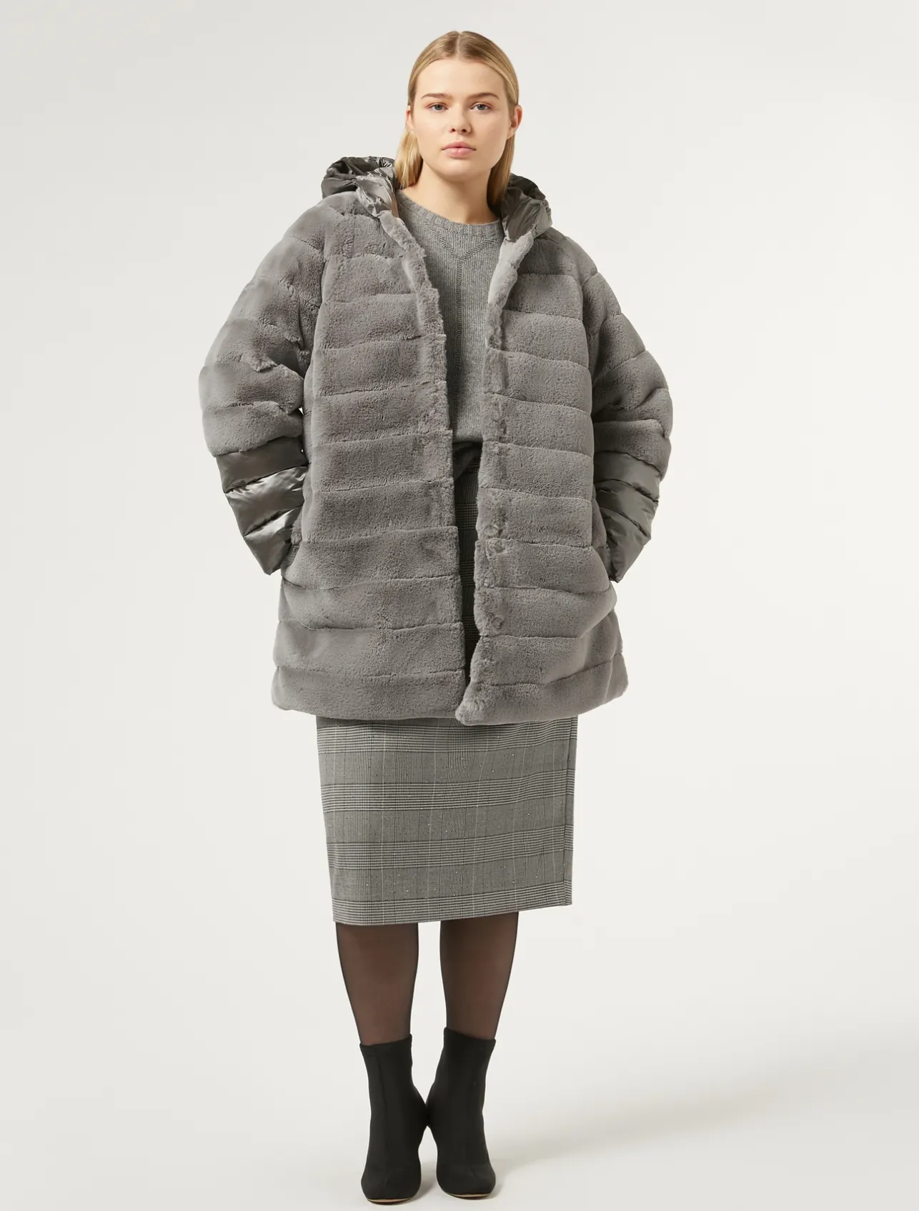 Online Marina Rinaldi Jacket in fur-effect fabric and nylon canvas MEDIUMGREY