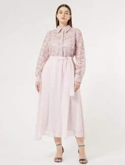 Fashion Marina Rinaldi Lace and silk shirt dress PINK