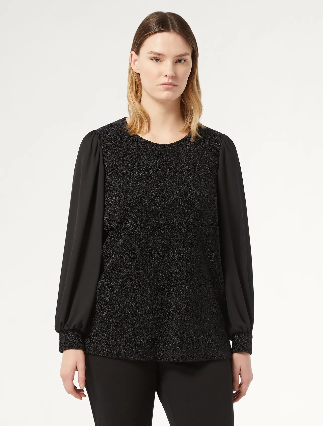 Fashion Marina Rinaldi Lamé jersey and georgette sweatshirt BLACK