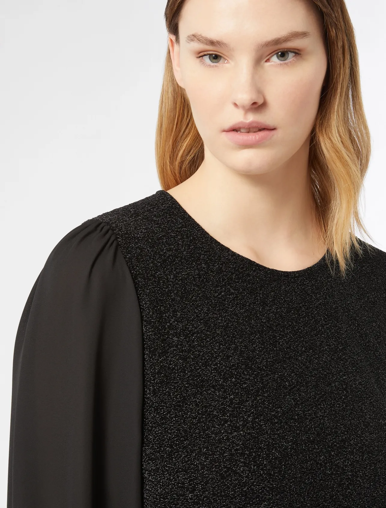 Fashion Marina Rinaldi Lamé jersey and georgette sweatshirt BLACK