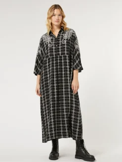 New Marina Rinaldi Long checked dress with embroidery BLACK