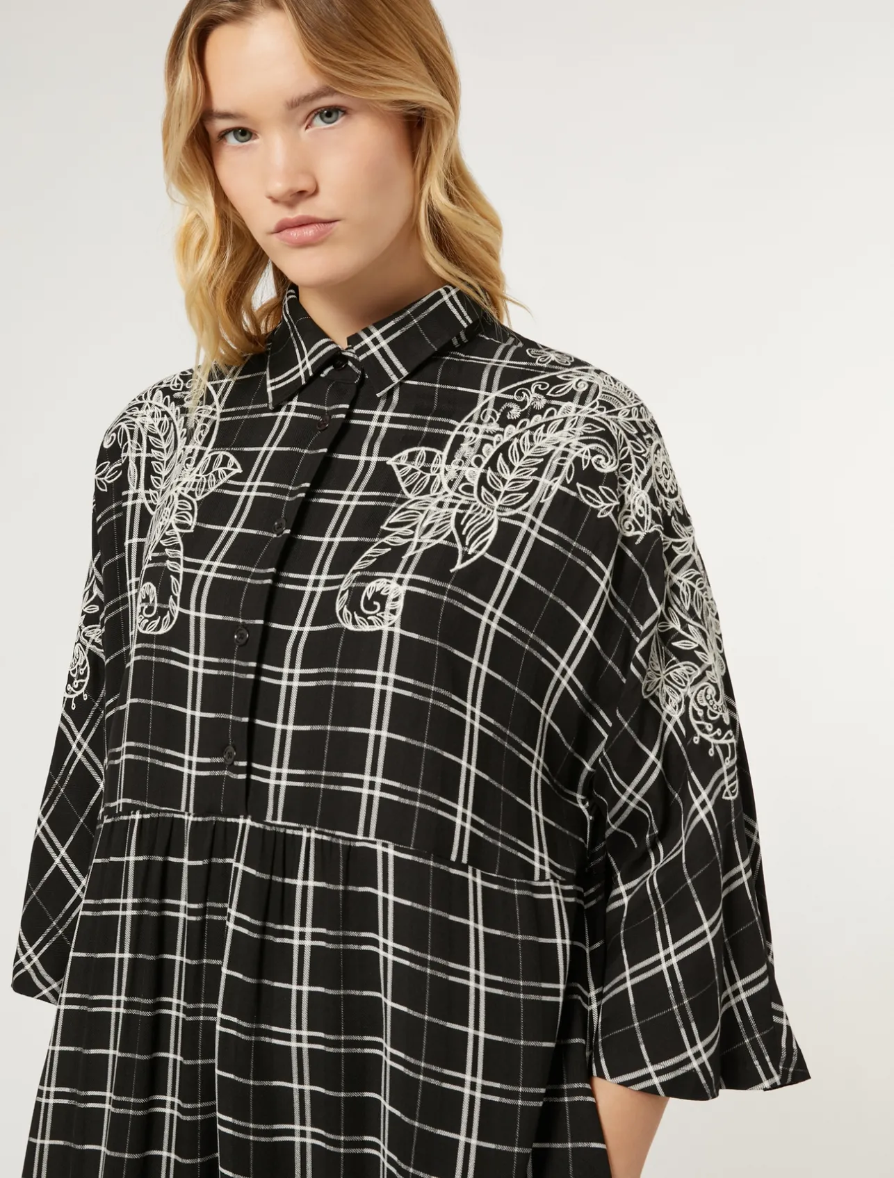 New Marina Rinaldi Long checked dress with embroidery BLACK
