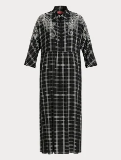 New Marina Rinaldi Long checked dress with embroidery BLACK