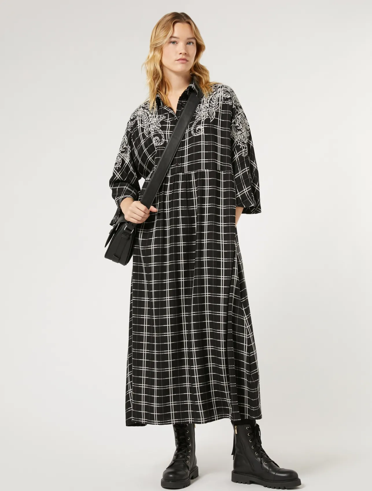 New Marina Rinaldi Long checked dress with embroidery BLACK