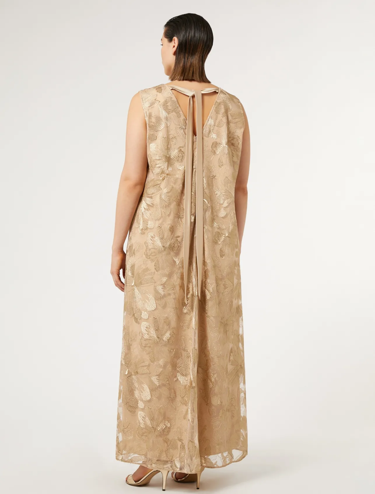 Fashion Marina Rinaldi Long embroidered tulle dress LIGHTGOLD
