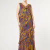 Fashion Marina Rinaldi Long printed georgette dress GOLD
