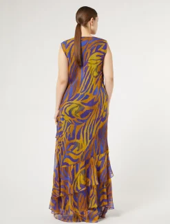 Fashion Marina Rinaldi Long printed georgette dress GOLD