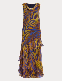 Fashion Marina Rinaldi Long printed georgette dress GOLD