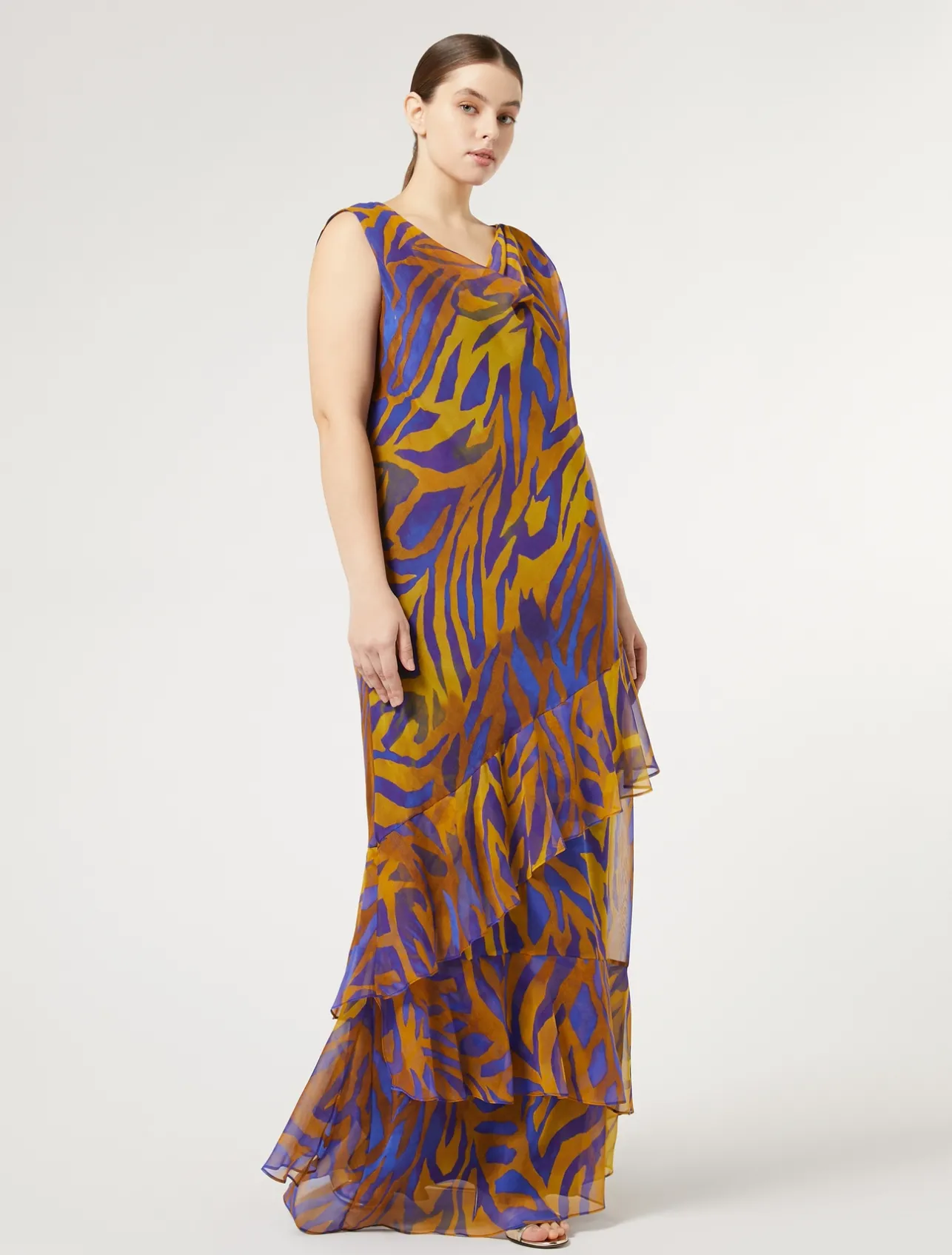 Fashion Marina Rinaldi Long printed georgette dress GOLD