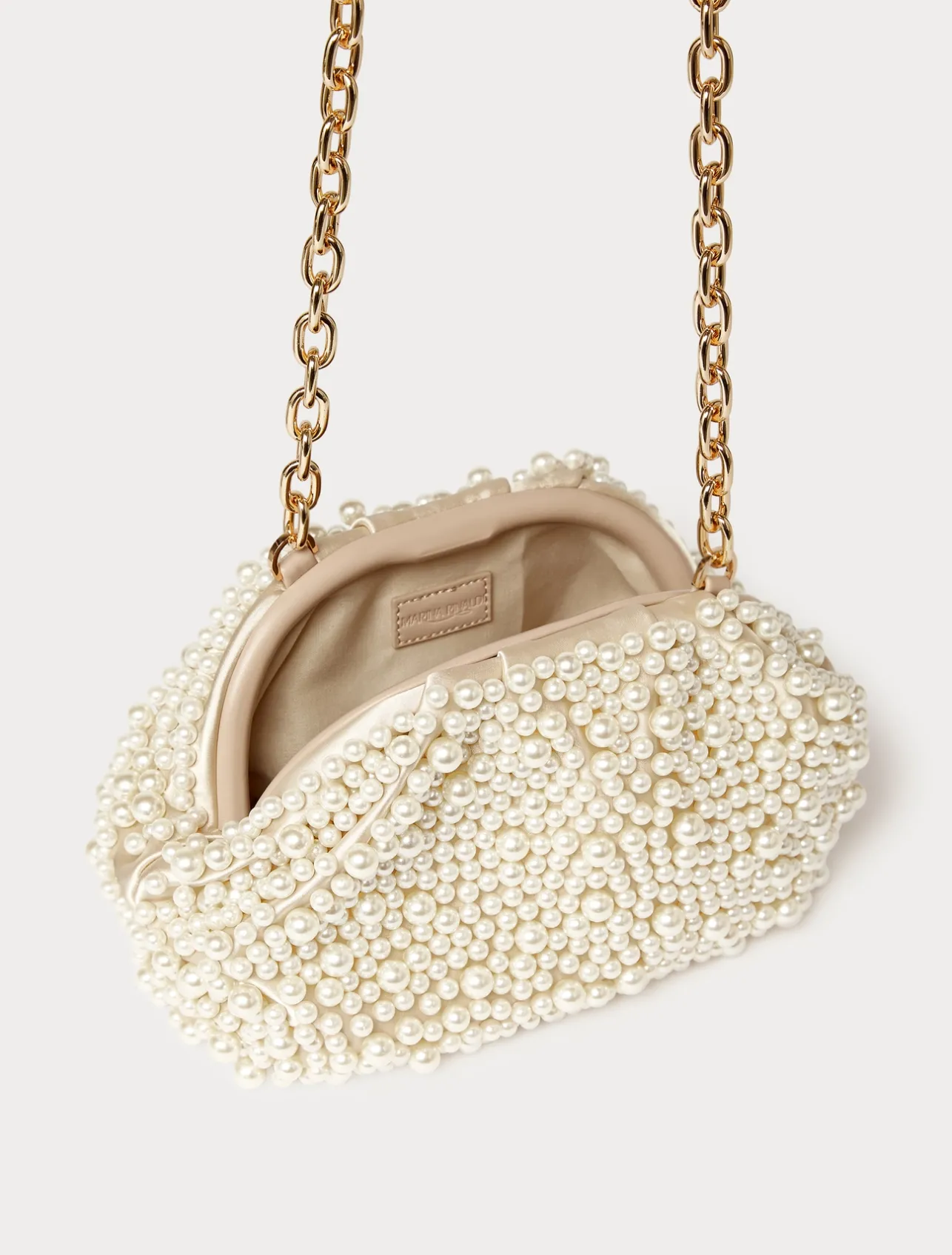 Fashion Marina Rinaldi Pearl-embellished satin clutch BEIGE