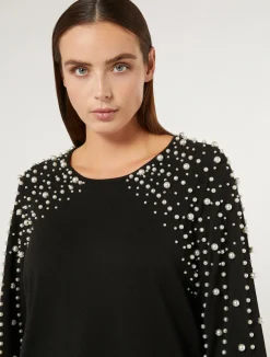 Fashion Marina Rinaldi Pearl-embellished viscose stretch sweater BLACK