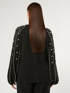 Fashion Marina Rinaldi Pearl-embellished viscose stretch sweater BLACK