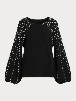 Fashion Marina Rinaldi Pearl-embellished viscose stretch sweater BLACK