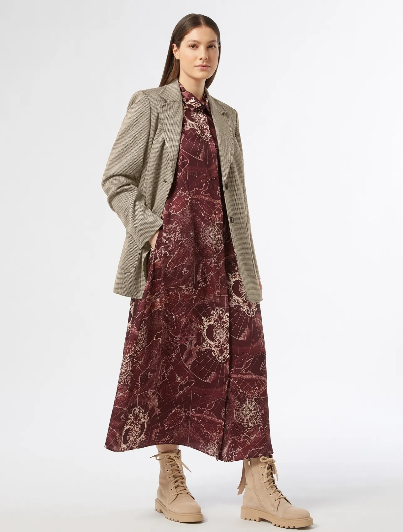 Sale Marina Rinaldi Printed twill dress BORDEAUX