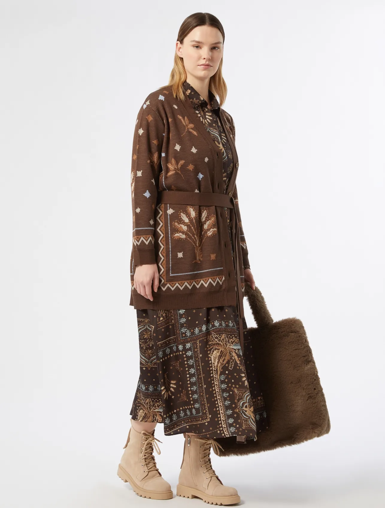 New Marina Rinaldi Printed twill dress BROWNBORDEAUX