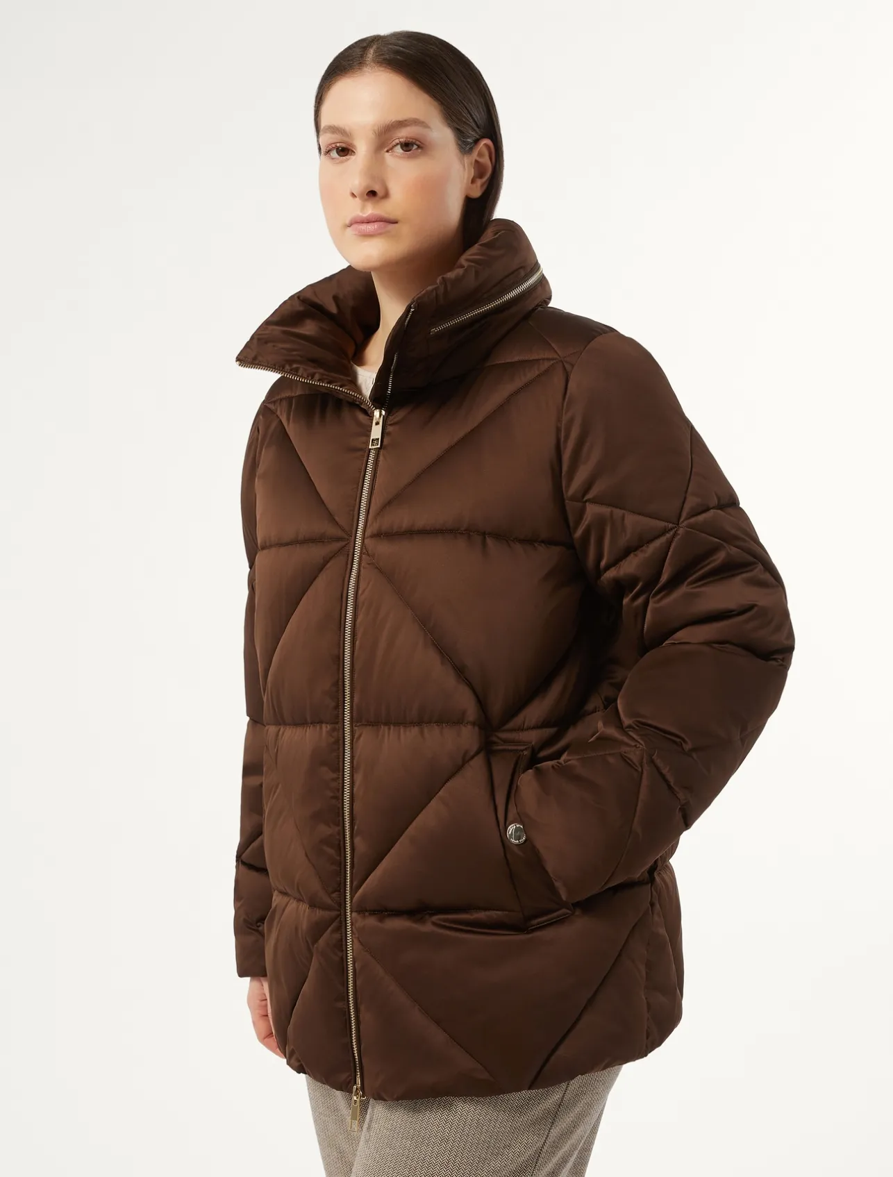 Fashion Marina Rinaldi Short padded jacket in water-repellent satin CHOCOLATE