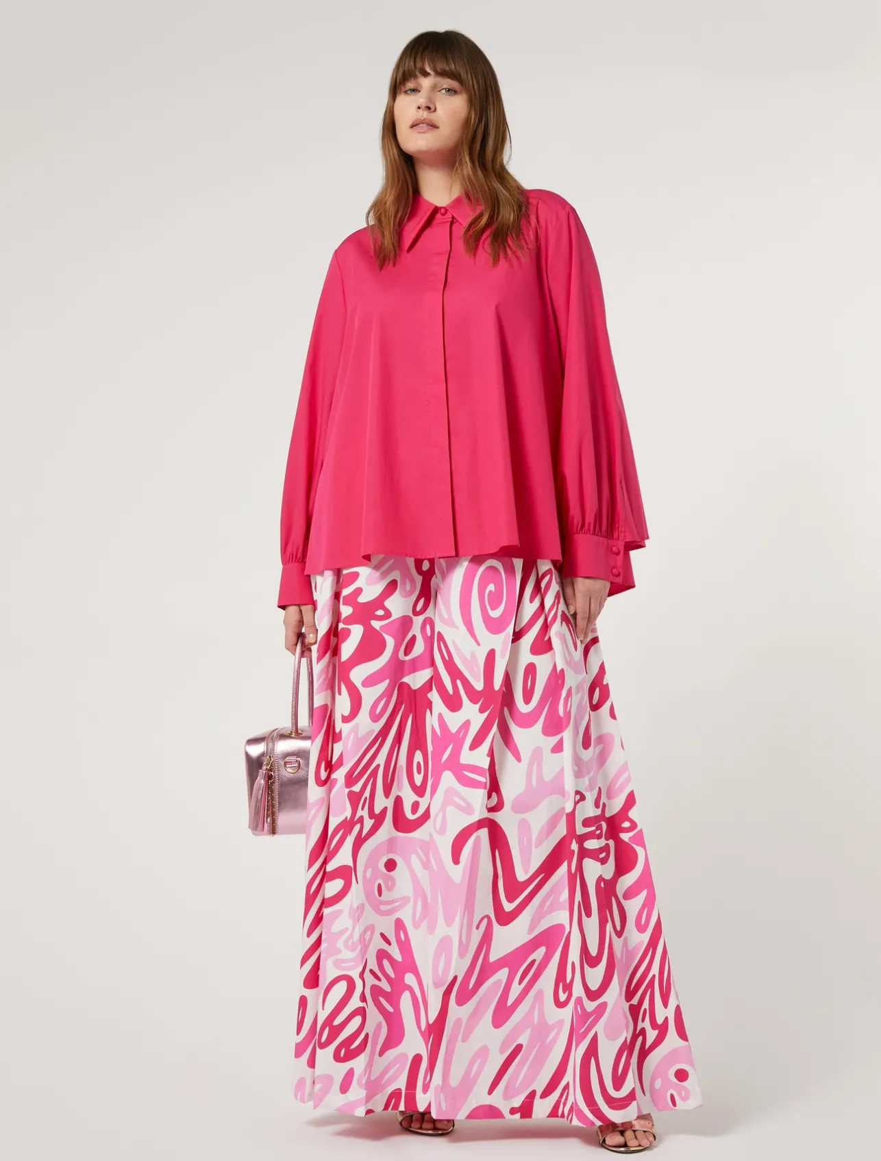 Outlet Marina Rinaldi Wide leg trousers in printed poplin WHITE